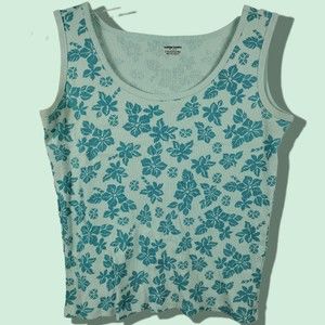 VTG Bobbie Brooks XL 18W Blue Hawaiian Flower Print 100% Cotton Tank Top USED